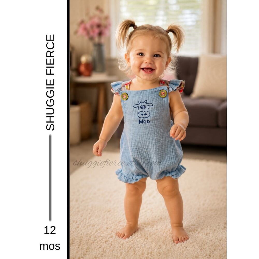 Baby Blue Baby Romper Linen Romper Toddler Bubble Romper with ruffles size 12mo